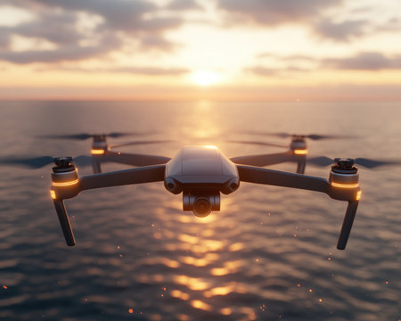 Experience the future of energy: a drone inspects offshore wind turbines, showcasing industrial innovation and renewable power This sustainable solution improves efficiency and reduces costs in wind power management Witness the powerful synergy of technology and wind energy, driving advancements in offshore power AI Generativeの素材