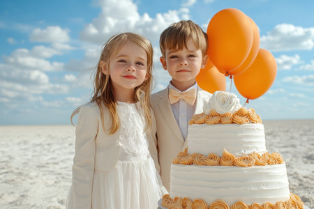 This vibrant photo captures a joyous kids' beach party! Colorful balloons dance above, while a themed coastal cake sits nearby Children celebrate on the sand, creating picture-perfect memories amidst seaside festivities It's an ideal birthday setting, complete with cake, balloons, and happy children, perfect for beach-themed parties AI Generativeの素材
