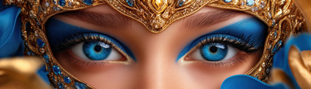A mesmerizing closeup reveals captivating eyes framed by dramatic, mask-like sapphire and gold face paint The ornate details, paired with an elaborate headdress, evoke a regal, theatrical feel Ideal for costume inspiration, fantasy art, theatrical productions, or dramatic makeup references AI Generativeの素材