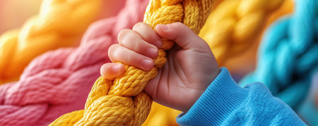 Sunlight illuminates a child's hand reaching for vibrant monkey bars, capturing a moment of growth and determination The playful scene, focused on detailed rope texture and a firm grip, highlights youthful exploration and adventure in a playground It emphasizes strength and resolve within a context of fun AI Generativeの素材