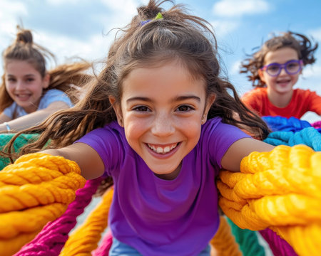 A vibrant playground bursts with joyful energy Children and parents share carefree moments amidst colorful structures, creating lasting family memories The scene embodies active lifestyles and outdoor recreation, perfect for themes of kids' activities and parental involvement Jungle gym ropes amplify the happy expressions on children's faces AI Generativeの素材