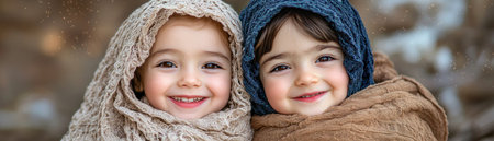 This image captures the heartwarming essence of sibling connection Two children, wrapped in cozy layers, share serene smiles and a close embrace Though not under a literal starry sky, their bond radiates warmth and comfort, showcasing pure childhood joy and the beauty of sibling love AI Generativeの素材