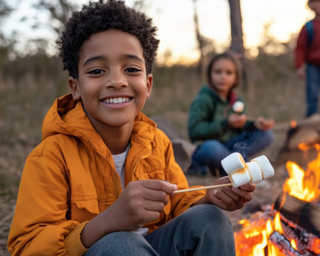 This heartwarming image captures pure childhood joy as kids roast marshmallows around a crackling campfire Their bright faces, glowing under the evening light, embody carefree summer fun Perfect for content showcasing camps, family trips, and outdoor adventures, it evokes nostalgia and the simple pleasures of togetherness around a bonfire AI Generativeの素材