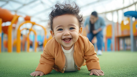 A toddler, with adorable determination, takes their first steps on soft playground turf, encircled by loving parents This heartwarming scene, set against a bright backdrop, captures the precious milestone of a child's initial steps It's a timeless family moment brimming with wonder, growth, and joy AI Generativeの素材