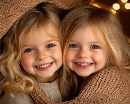 A heartwarming scene of siblings sharing a storybook under a cozy blanket, bathed in warm light Their smiles radiate pure joy and carefree bonding, capturing the magic of sibling love Perfect for books, family photos, and decor, this image evokes feelings of togetherness and the simple pleasures of childhood AI Generativeの素材