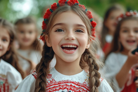 This image bursts with the joy of community! Children in vibrant traditional costumes dance with carefree exuberance, embodying the spirit of a lively festival Their bright faces capture the pure happiness of cultural celebration, showcasing heritage through youthful energy Experience the magic of this vibrant, joyous event AI Generativeの素材