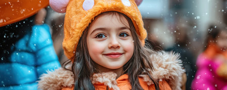 This vibrant parade photo captures the magic of Children's Day Adorable children in fantasy costumes radiate joy and fun Perfect for Children's Day themes, this high-quality image showcases colorful costumes and happy faces, embodying the heart of the celebration of childhood, innocence, and merriment Ideal for any use seeking cheerful AI Generativeの素材