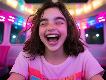 This image captures pure joy: friends laughing on a brightly lit Ferris wheel at night Their happy smiles radiate carefree fun and positive energy This vibrant scene is perfect for content needing an infectious dose of happiness, lightheartedness, and the simple pleasures of friendship AI Generativeの素材