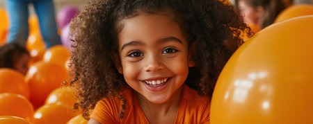 A vibrant balloon maze of orange and purple bursts with joyful energy as kids explore, their faces alight with playful curiosity A smiling child shares their delight with the camera, capturing the pure essence of childhood fun and a happy celebration Unforgettable memories are made amidst this lively adventure AI Generativeの素材