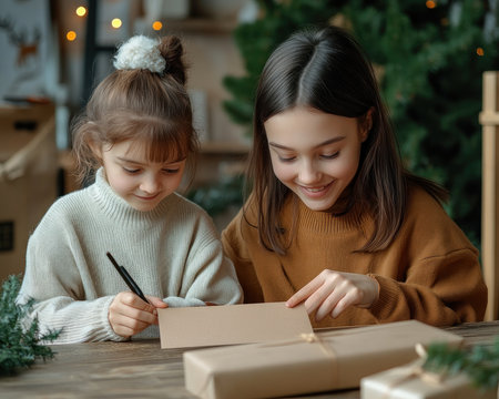 Two young girls create holiday cards, laughter echoing as they bond through art Their creative harmony embodies festive spirit, showcasing the joy of family crafting This warm, cozy scene captures childhood fun, DIY projects, and the essence of togetherness during the winter holidays AI Generativeの素材