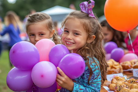 Experience the pure joy of a children's outdoor picnic party! Festive balloons dance in the breeze, as kids celebrate milestones with happy smiles Vibrant decorations and sunny skies create an atmosphere perfect for birthdays or any special occasion These images capture family fun and the sheer delight of childhood AI Generativeの素材