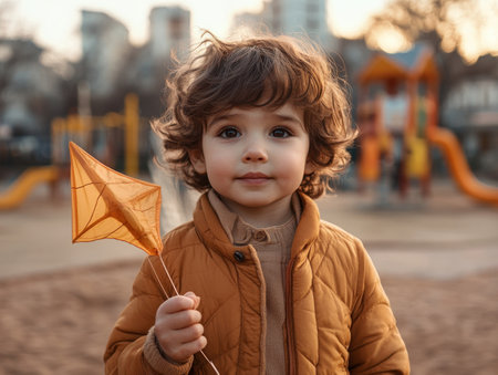 A child grips a kite on a breezy playground, embodying pure joy Colorful equipment frames their playful adventure, where wind fuels imagination This scene celebrates simple, delightful moments; a kite becomes a gateway to boundless, outdoor discoveries AI Generativeの素材
