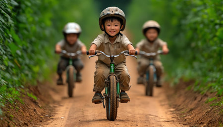 This image captures the pure joy of childhood as kids cycle through a sun-drenched forest Their radiant smiles and camaraderie highlight carefree exploration and unity It's a vibrant scene of outdoor play, active living, and simple pleasures, perfect for projects needing youthful energy and a touch of nature AI Generativeの素材