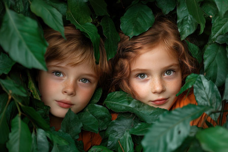 This vibrant photo captures the pure joy of childhood hide-and-seek in a lush garden Radiant smiles illuminate the scene as children peek through foliage, embodying carefree exploration and discovery It's a perfect snapshot of innocence and the magic of outdoor play, radiating youthful exuberance and blissful freedom AI Generativeの素材