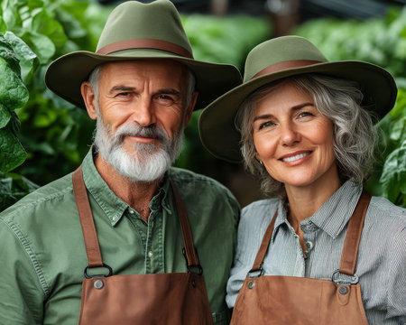 This image portrays an elderly couple harmoniously tending their vibrant greenhouse Their shared passion for gardening and teamwork radiates warmth and tranquility It beautifully captures family bonds, sustainable living, and the joy of laboring together amidst nature, evoking a sense of peace and fulfillment AI Generativeの素材