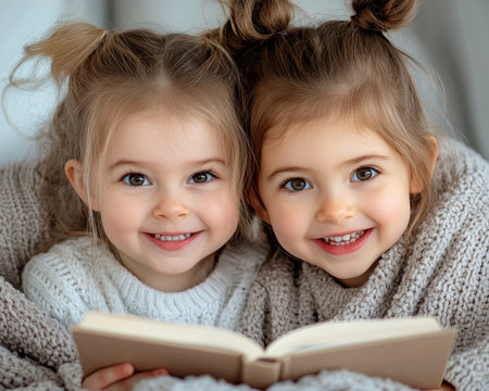 This heartwarming image captures the essence of sibling love: two children, bathed in warm light, share a storybook with genuine smiles It portrays childhood innocence, cozy bedtime moments, and the unique bond siblings share Perfect for promoting family values, child development, and the magic of storytelling Embrace joyful connections AI Generativeの素材
