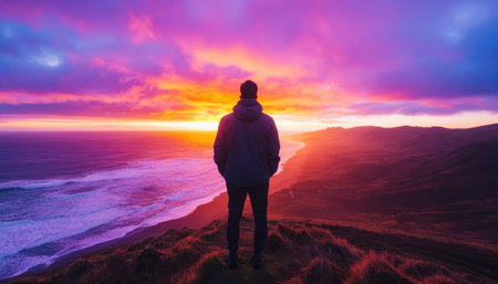 A silhouetted adventurer contemplates a vibrant sunset over a dynamic seascape This breathtaking coastal vista, captured during the golden hour, inspires exploration and serenity The figure, waves, and colorful sky blend seamlessly, creating an ideal travel photo showcasing nature's beauty AI Generativeの素材