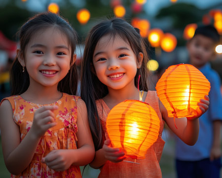 Celebrate a milestone with kids, lanterns aloft! Floating balloons blend tradition and fun, lighting up special moments Adorable children beam with paper lanterns, creating vibrant memories at family festivities Glowing orange lights, a touch of Asian culture, ensure unforgettable nights of joy and vibrant colors AI Generativeの素材