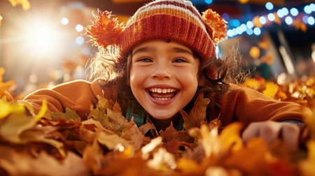 This vibrant image captures the pure joy of autumn Parents and kids gleefully play in a massive, colorful leaf pile, showcasing unity and family fun Laughter fills the air, amidst the warm hues of fall, creating a backdrop for happy memories The scene beautifully highlights togetherness and the simple pleasures AI Generativeの素材