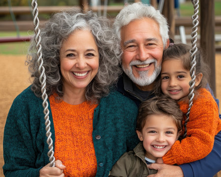 Experience the joy of family with heartwarming images of grandparents and grandchildren playing on vibrant playground swings Witness intergenerational laughter and bonding as they create lasting memories These cheerful scenes highlight the beauty of family connections and the simple pleasures of childhood play, radiating warmth and love AI Generativeの素材