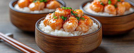 Three wooden bowls showcase a delicious shrimp bowl with vibrant orange sauce over fluffy white rice Garnished with fresh green onions, this modern take on bento style presents a unique Asian bowl recipe It lacks Japanese patterns and seaweed art, offering a flavorful experience beyond traditional creative bentos AI Generativeの素材