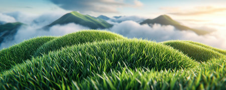 Golden light paints misty rice terraces cascading down a hillside Lush greenery meets soft clouds, creating a serene and harmonious panorama This idyllic agrarian scene showcases nature's beauty, a captivating view perfect for dreamers and nature enthusiasts Explore this peaceful landscape AI Generativeの素材