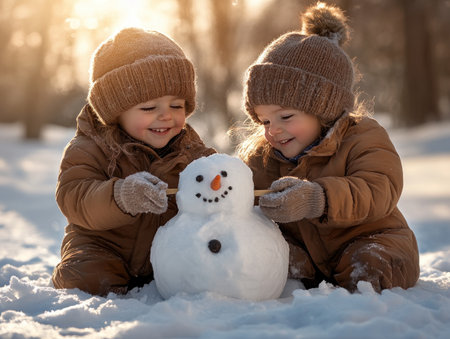 Experience the pure joy of winter with this heartwarming image of kids building a snowman Their rosy cheeks and bright smiles capture the magic of the season This scene of carefree delight is perfect for holiday greetings, winter projects, and cherished family memories Download now to embrace the spirit of AI Generativeの素材