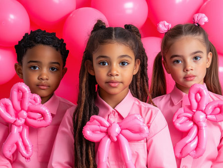 This vibrant image captures kids' joy as they craft balloon animals, celebrating milestones with playful artistry Young talents transform ordinary balloons into fun shapes, perfect for birthdays or events Pink balloons add a sweet touch to this memorable moment, a celebration of youthful creativity and imagination AI Generativeの素材