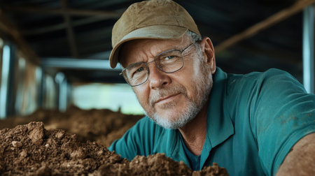 In a greenhouse, an elderly farmer expertly examines soil, blending experience with modern techniques He analyzes samples, ensuring optimal conditions for sustainable crop growth This image showcases his dedication to eco-friendly methods and responsible soil management, highlighting a farmer's commitment to a greener future AI Generativeの素材