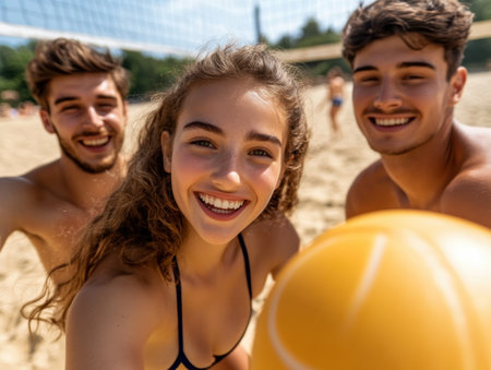 This vibrant image captures the thrill of summer with friends playing beach volleyball The photo radiates teamwork, fun, and palpable energy as they compete on the sandy beach Smiles and athleticism showcase a dynamic day of sun-soaked happiness, perfect for bringing warmth and joy to any project AI Generativeの素材
