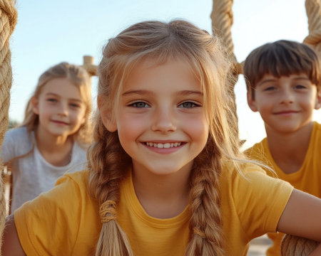 This vibrant image bursts with childhood joy, depicting kids playfully exploring a jungle gym Their energetic antics in a colorful, community setting radiate pure happiness It's a snapshot of laughter and unity, capturing the thrill of outdoor exploration and the essence of carefree fun AI Generativeの素材
