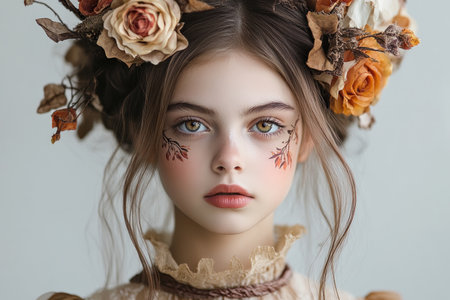 Unleash timeless beauty with our vintage face painting tutorial Learn soft sepia tones and delicate floral patterns for a nostalgic, elegant look Perfect for portraits and artistic projects, this guide shows you how to achieve a classic vintage effect using soft hues and sepia magic Transform any look into a AI Generativeの素材
