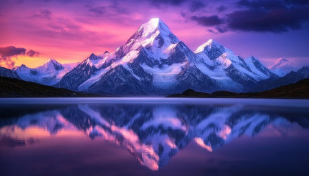 Witness nature's dawn masterpiece: snow-capped mountains perfectly mirrored in a still lake Serene landscapes, tranquil reflections, and majestic peaks create idyllic symmetry Explore calming beauty, pristine wilderness, and awe-inspiring views where mountains meet water, finding peaceful serenity in this stunning natural artistry AI Generativeの素材