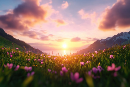 Escape to coastal cliffs at sunset, where vibrant wildflowers bloom above the radiant ocean Breathtaking views and tranquility await in this idyllic landscape, perfect for a peaceful yet adventurous vacation Let nature's beauty inspire your next journey to this serene coastal paradise AI Generativeの素材