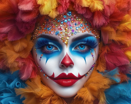 Dive into Carnival's spirit with dazzling face paint! Glitter, sequins, and vivid patterns create a bold, festive look Explore intricate makeup with rhinestones and feathers This close-up of a cheerful, colorful design will inspire your next makeup and art adventures Get ready to sparkle! AI Generativeの素材
