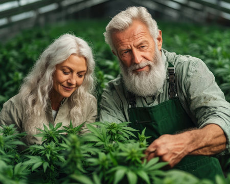 Witness an elderly couple's tender teamwork in their vibrant greenhouse Lush plants thrive under their loving care, embodying family dedication Experience the beauty of rural living where shared passion flourishes amid abundant greenery This image captures the joy and connection in everyday moments AI Generativeの素材