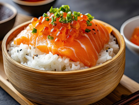 Indulge in a mindful meal with this stunning Salmon bento Fresh salmon, glistening roe, and fluffy rice are artfully paired with pickled daikon, creating a vibrant symphony of flavors and textures This beautifully crafted, nutritious box promotes well-being and balanced eating Enjoy a delicious and visually appealing experience AI Generativeの素材