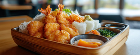 Savor a healthy tempura bento: crispy tempura paired with fresh, vibrant vegetables offers a delightful balance of textures and flavors This satisfying meal combines light and hearty ingredients for a nutritious and quick dining experience Enjoy this delicious, well-rounded bento box AI Generativeの素材