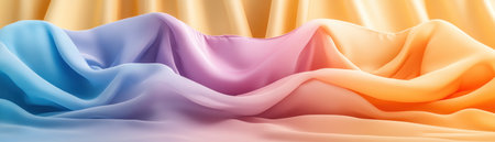 Capture the essence of editorial lingerie photography with this vibrant abstract Soft blue, pink, and orange fabric waves cascade dynamically against a studio backdrop, hinting at alluring movement The image, an abstract concept, uses colors and textures to evoke the lingerie's implied presence without directly showing it AI Generativeの素材