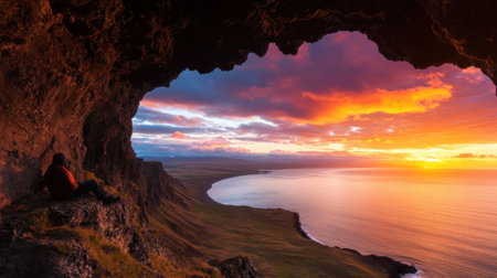 Witness a solo traveler's cliffside adventure as a vibrant sunset paints the sky above dynamic ocean waves Explore the rugged terrain and feel peace in this magical scenery This breathtaking landscape offers an unforgettable view of nature's beauty, with a dramatic coastline, serene sea, and captivating horizon AI Generativeの素材
