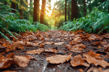 Wander a magical forest path, where autumn leaves create a vibrant carpet leading to a sun-kissed clearing The scene exudes tranquility and peace, inviting a gentle stroll through nature's finest display This idyllic setting offers a serene escape into the heart of an enchanting autumnal landscape AI Generativeの素材