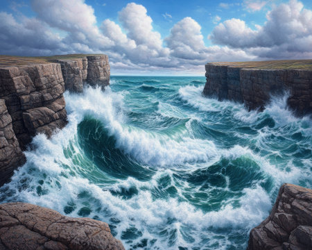 Experience the serene harmony of nature where turquoise waves meet rugged cliffs Witness the ocean's gentle power and the shoreline's raw beauty This meditative scene inspires calm and reflection, revealing the endless cycle of tides and the enduring strength of the cliffs AI Generativeの素材
