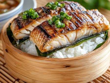 Enjoy a minimalist bento showcasing Japanese simplicity Fluffy white rice and perfectly grilled fish take center stage, highlighting fresh, pure flavors This traditional delight emphasizes textures and aromas through its clean presentation, offering a unique culinary experience AI Generativeの素材