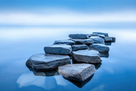 Immerse yourself in a tranquil ocean scene featuring rocky outcroppings This meditative image evokes coastal peace and freedom, with cool blues and natural stone textures promoting relaxation Experience the serene beauty and calming essence of the sea, perfect for creating a peaceful atmosphere in any space AI Generativeの素材