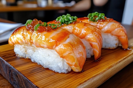 A captivating bento presents artfully arranged seafood sushi on a rustic wooden plate Fresh catches create a visually stunning and delicious meal The wooden surface's warm tones beautifully complement the vibrant sushi colors, enhancing this exquisite culinary experience Discover the beauty of bento, seafood, and wooden dining AI Generativeの素材