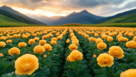 Immerse yourself in golden California poppy fields, swaying gently beneath a vibrant cerulean sky Mountain peaks frame the radiant yellow blooms, creating an idyllic landscape Experience the stunning sunset and golden hour glow, offering peace and tranquility in this nature lover's paradise Capture this dreamlike beauty AI Generativeの素材