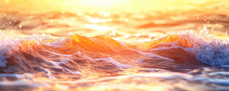 Bask in the tranquil beauty of a golden hour beach Gentle waves kiss the shore, reflecting warm, vibrant hues across rippling water This scene embodies serenity, capturing nature's dance of light and water A perfect depiction of calm, peaceful, and beautiful ocean moments AI Generativeの素材