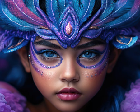 Dive into avant-garde face painting, where mixed textures, metallics, and bold patterns collide Witness striking makeup designs, vibrant colors, and imaginative compositions This image celebrates the transformative power of face art, a fusion of cosmetic brilliance and daring style, showcasing an artistic revolution where beauty meets innovation AI Generativeの素材