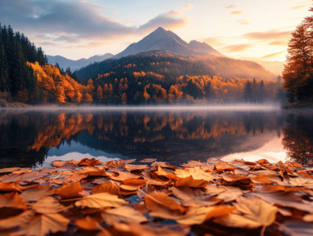 Immerse yourself in a tranquil scene: misty mountains mirroring in a calm lake, adorned with floating golden autumn leaves This breathtaking landscape, bathed in warm fall colors, offers a peaceful retreat into nature's embrace Experience the serene beauty and idyllic reflections, capturing the essence of autumn's tranquility AI Generativeの素材