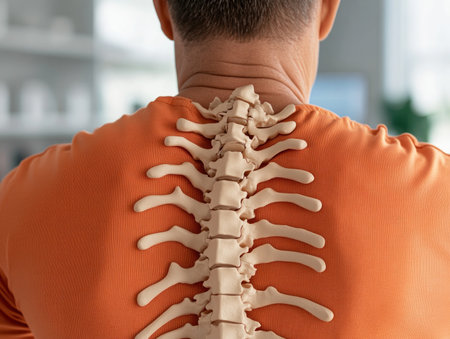 This healthcare image showcases a manual therapy session focused on spinal alignment and recovery Clean visuals highlight the spine and how manipulation aids treatment, exploring chiropractic care and physical therapy Medical imagery and anatomy illustrate bone health and the importance of a healthy spine in action AI Generativeの素材